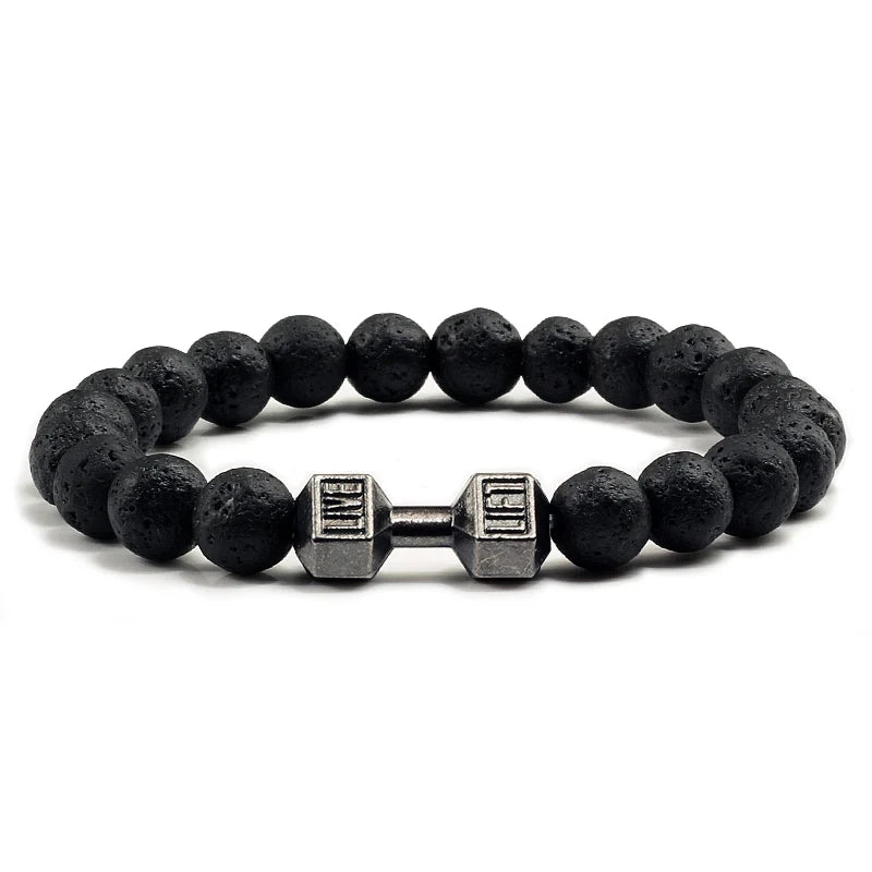 Pulsera de piedra volcánica natural para hombre, cuentas de lava negra mate y blanca, pulseras con hebras de mancuernas, joyería de fitness con barra para mujer