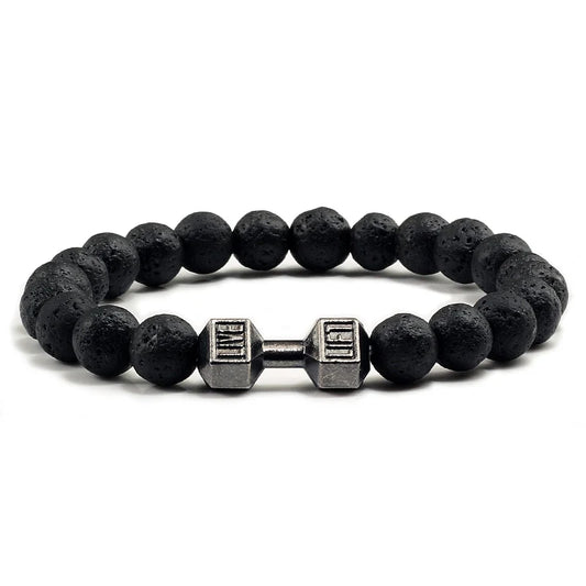 Natural Volcanic Stone Bracelet, Men Matte Black Lave White Beads Charm Dumbbell Strand Bracelets Women Barbell Fitness