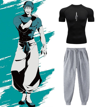 Conjunto de camiseta de compresión Anime Jujutsu Kaisen Toji, conjunto de rendimiento informal, camiseta de entrenamiento atlético para hombre de secado rápido + pantalones deportivos unisex